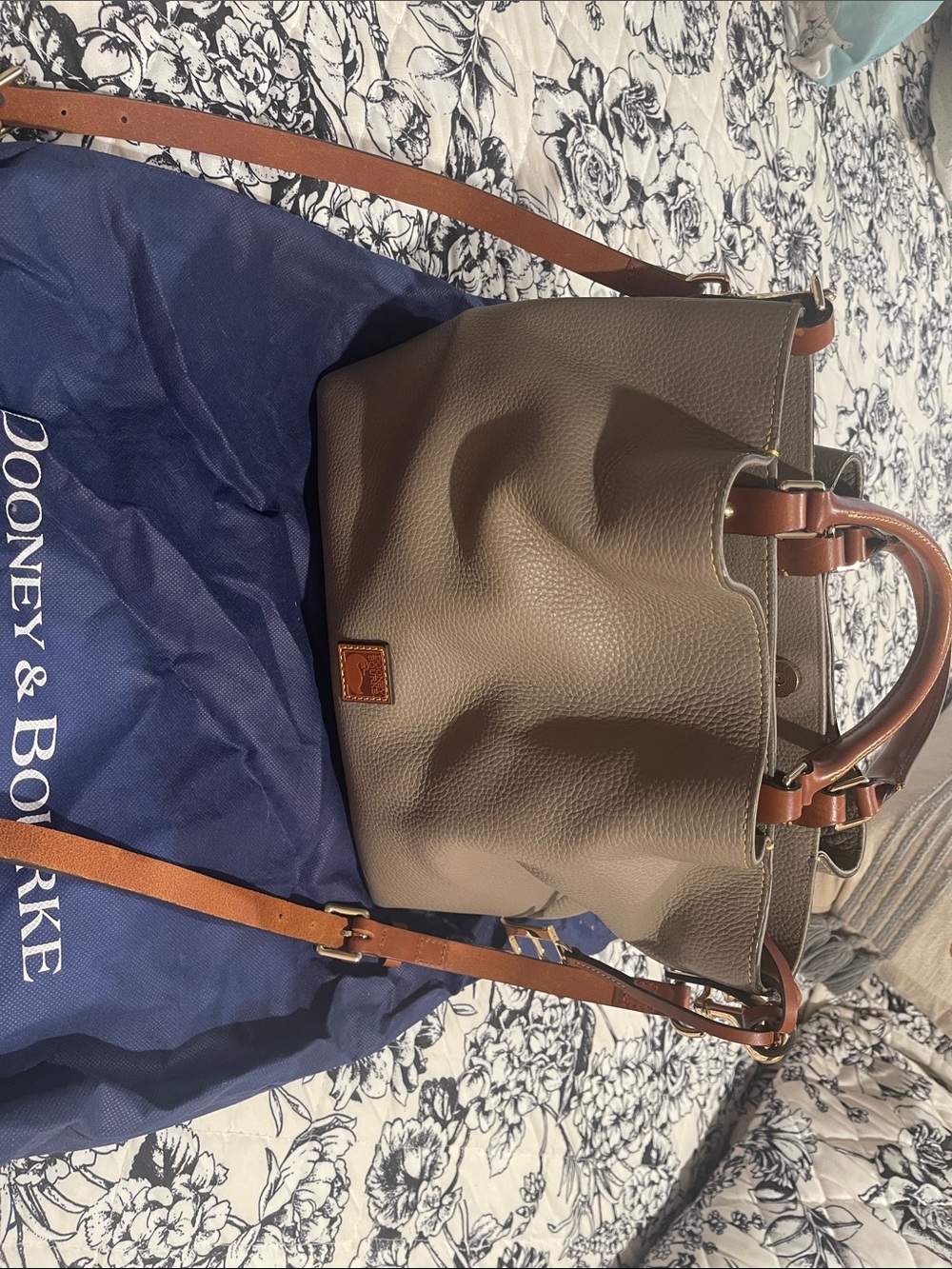 Dooney & Bourke Taupe Bucket Shoulder Bag with Brown Leather Trim